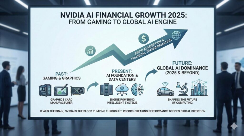 A realistic 4K diagram illustrating NVIDIA's evolution from gaming hardware to the central engine of AI financial growth.