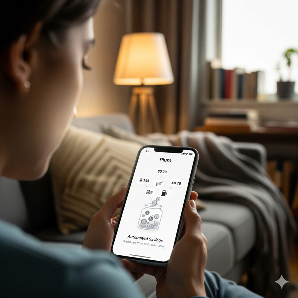  A person sits on a couch in a cozy home, looking at a smartphone screen displaying the Plum app with automated savings and round-up visuals.