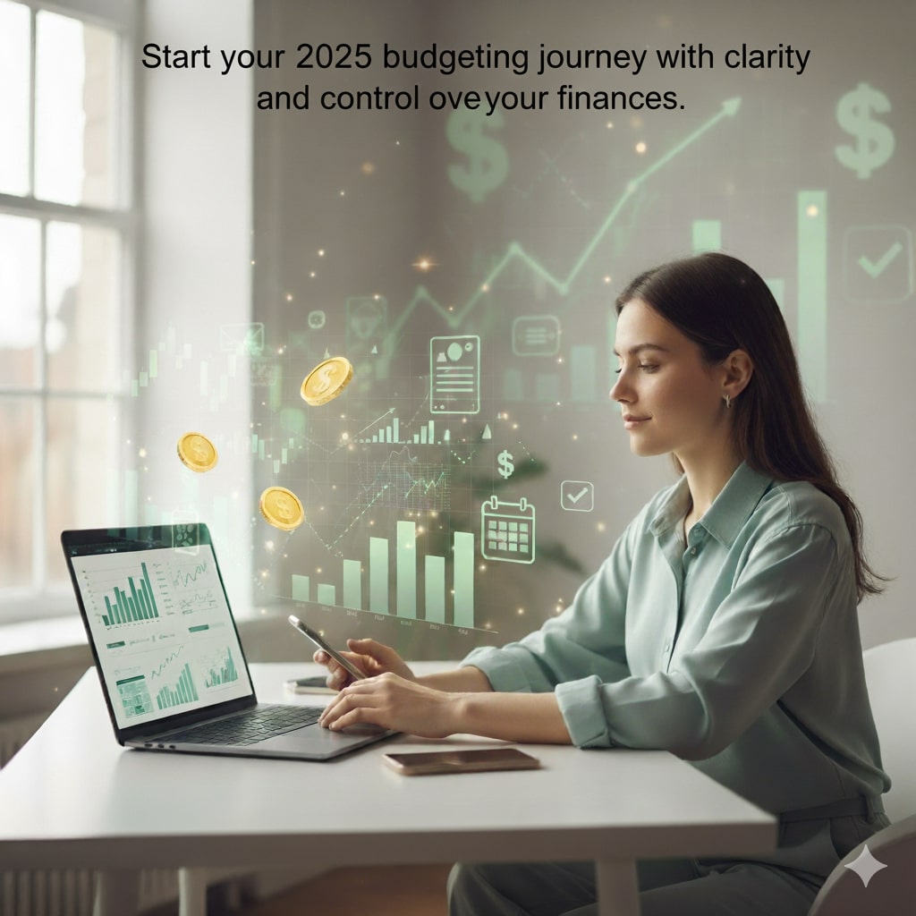 10 Powerful Budgeting Tips 2025 for Stress-Free Money | PennyPowerPlay A realistic photo of a person sitting at a desk with a laptop and smartphone, both showing financial graphs. Floating digital icons of coins, charts, and a calendar surround the person.