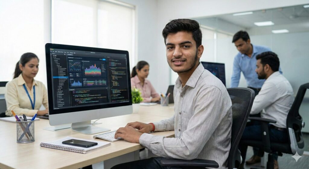 Realistic image of a young Indian student, Aarav, working on an AI project on a laptop in a modest home environment.