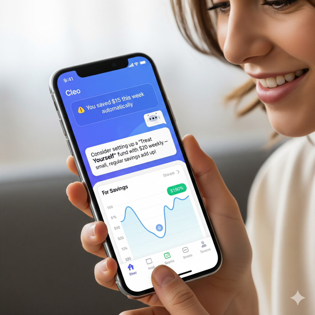 A smiling person holds a smartphone displaying the Cleo chatbot app with a savings notification and financial tips.