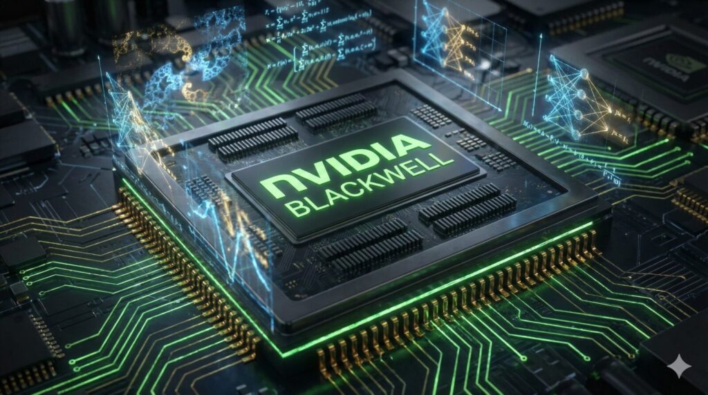 Close-up of a futuristic NVIDIA Blackwell AI processor with glowing green neural circuits.