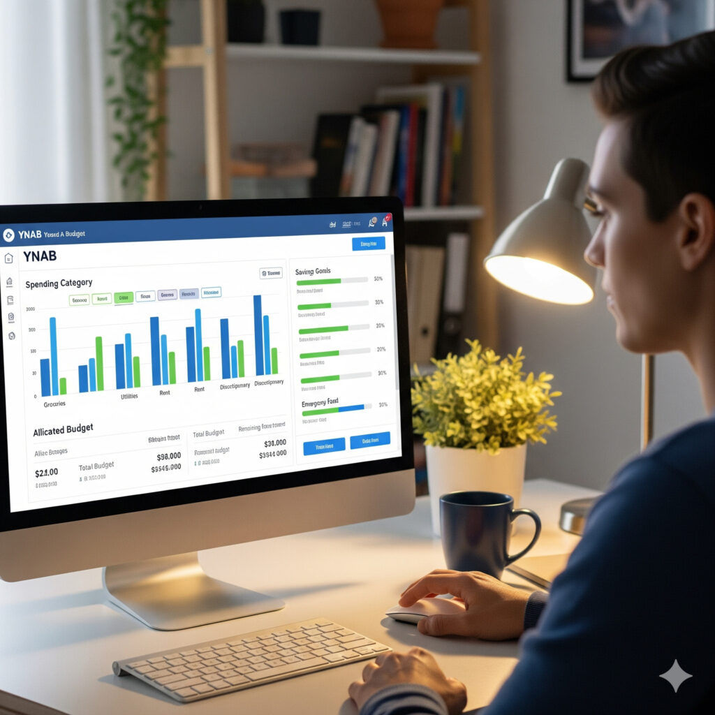 A person sits at a desk in a home office, looking at a desktop computer screen displaying the YNAB budgeting app with graphs and savings goals.