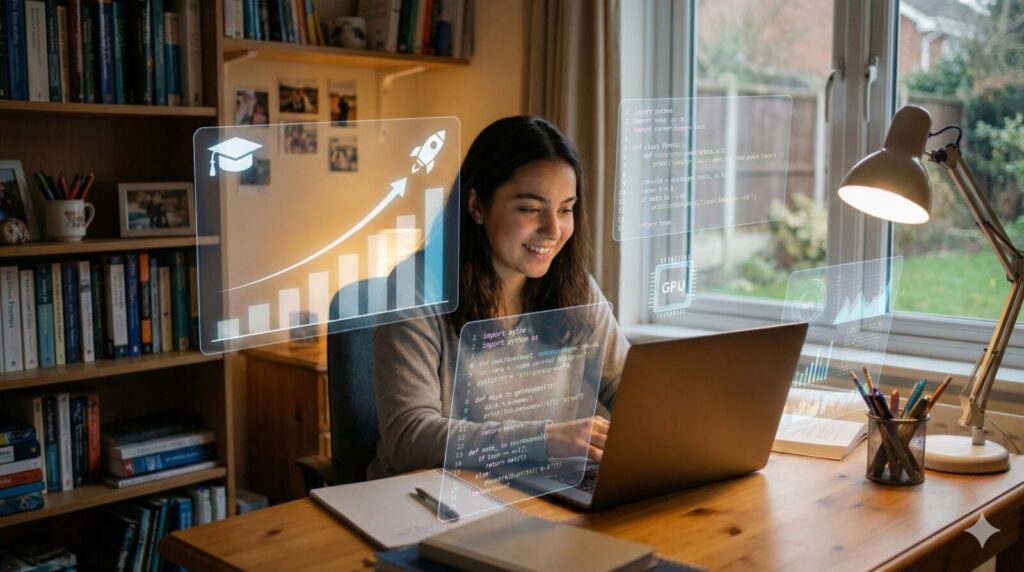 Focused student using a laptop with holographic AI career growth charts in a home study environment.