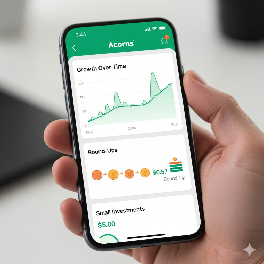 A person's hand holds a smartphone showing the Acorns app interface with a growth chart and round-up investment visuals.