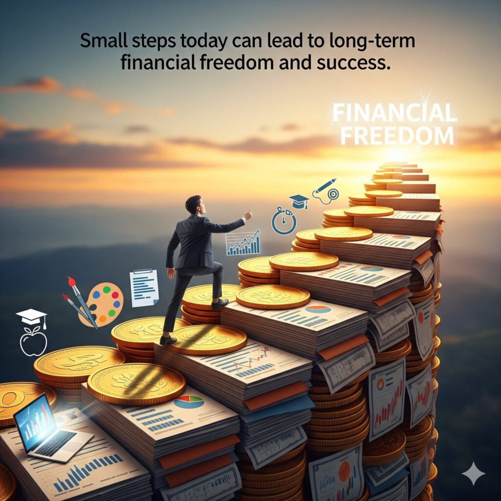 10 Powerful Budgeting Tips 2025 for Stress-Free Money | PennyPowerPlay A high-quality photo of a person in business attire climbing a staircase made of stacked coins and financial documents. The person is reaching toward a glowing horizon labeled "Financial Freedom," with symbolic elements like a laptop, paintbrush, and teaching icon on the sides.