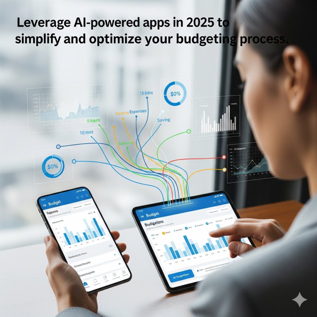 10 Powerful Budgeting Tips 2025 for Stress-Free Money | PennyPowerPlay A realistic photo of a person holding a smartphone and a tablet. The screens of both devices display financial dashboards and charts. Colorful digital lines connect the devices to floating graphs and data points, symbolizing AI-powered financial optimization.