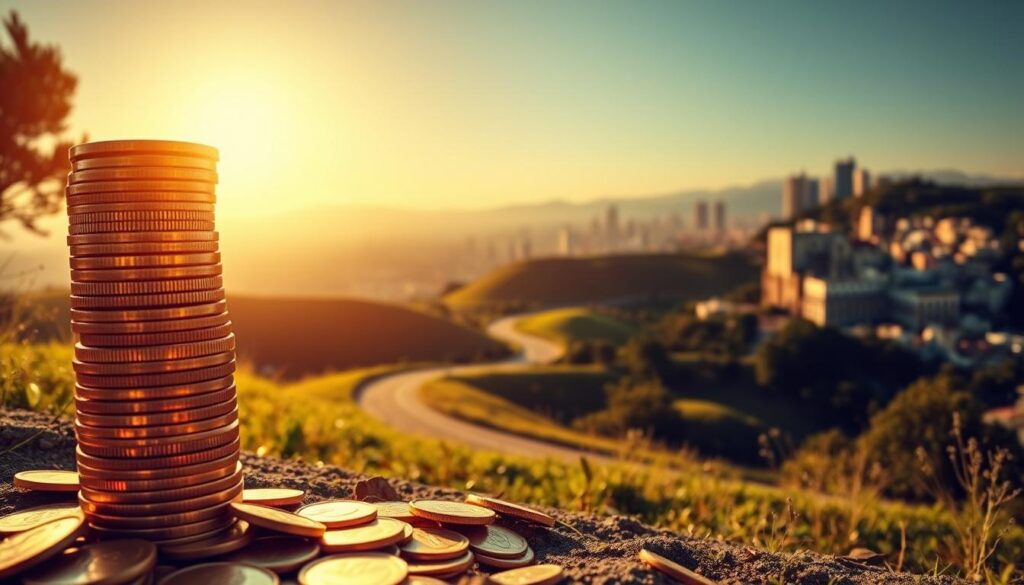 Stack of coins at sunset showing wealth growth through compound interest long term investing