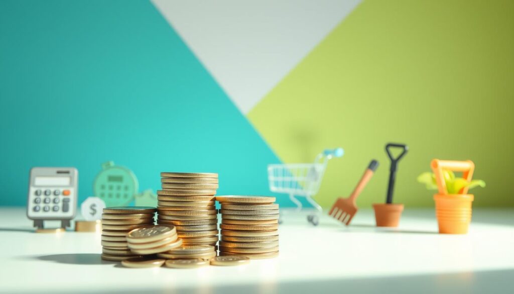 “Illustration showing how to save money without sacrificing your lifestyle – coins, cart, and piggy bank”
