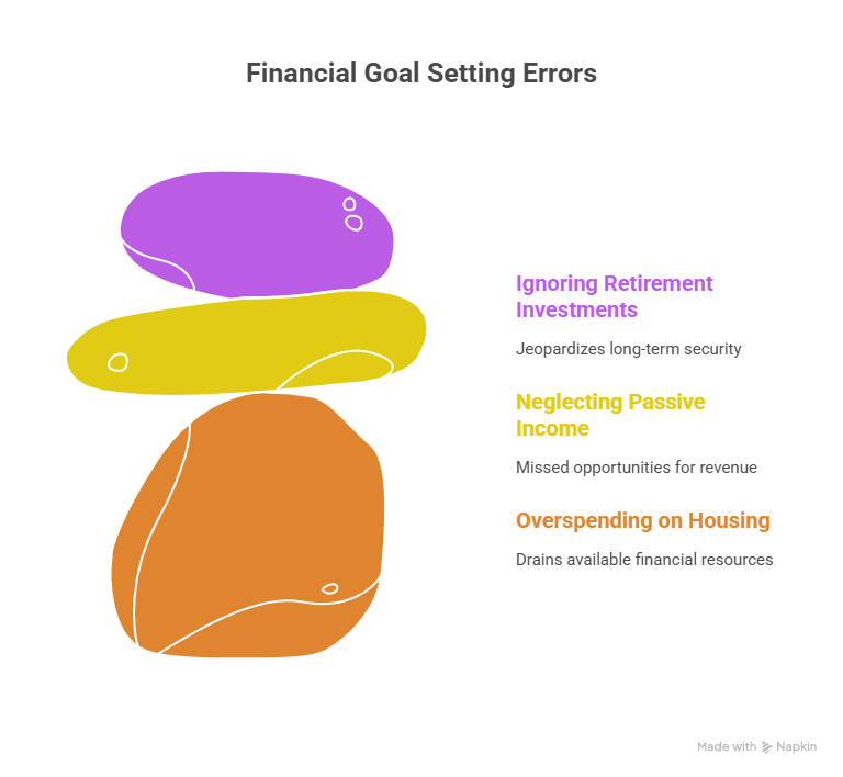  An infographic titled "Financial Goal Setting Errors" shows a stack of three rounded, pebble-like shapes. The top purple shape is labeled "Ignoring Retirement Investments," the middle yellow one is "Neglecting Passive Income," and the bottom orange one is "Overspending on Housing." Each label includes a brief explanation of the error. The image visually represents the foundational mistakes that can cause financial goals to be unstable, like a precarious stack of stones.