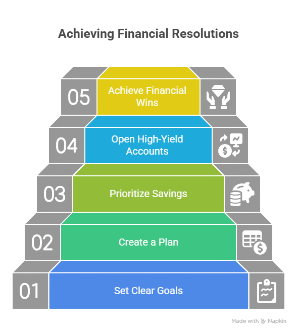  A five-step pyramid diagram for achieving financial resolutions. The bottom step, labeled "01," is "Set Clear Goals" and has an icon of a clipboard with a checklist. The second step, "02," is "Create a Plan" with an icon of a spreadsheet. The third step, "03," is "Prioritize Savings" with an icon of a piggy bank with coins. The fourth step, "04," is "Open High-Yield Accounts" with an icon of a stock chart and dollar signs. The top step, "05," is "Achieve Financial Wins" with an icon of two hands holding a diamond.