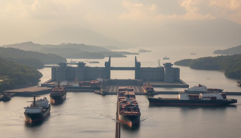 "Aerial view of Panama Canal shipping terminals affected by China’s blocked deal"