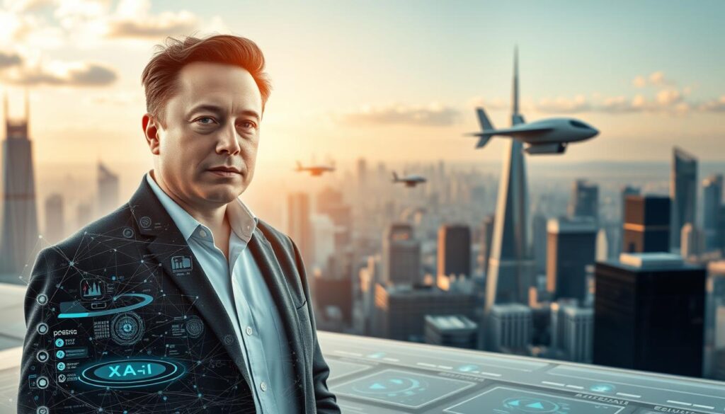 Elon Musk in front of futuristic cityscape, symbolizing xAI's acquisition of X (Twitter)