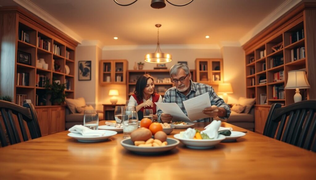 Family discussing household budget over dinner, symbolizing teamwork in managing finances and planning savings together
