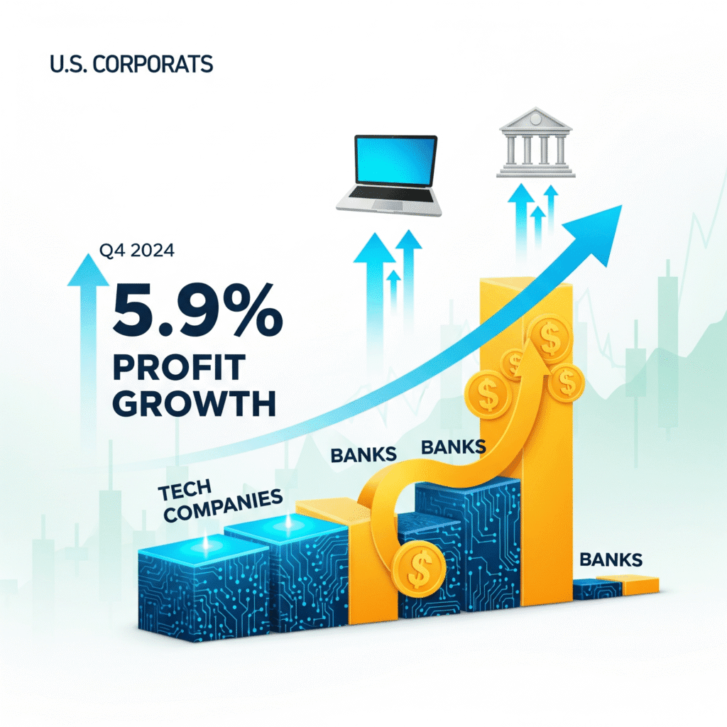  A dynamic, digitally rendered infographic showing a large upward-trending arrow and bar graph representing a 5.9% profit growth for U.S. corporates in Q4 2024. The bar graph is segmented, with one part labeled "Tech Companies" and another labeled "Banks," visually indicating they are the main contributors to the growth. Icons of a laptop and a bank building are positioned above the chart, with upward-pointing arrows to emphasize their positive performance.