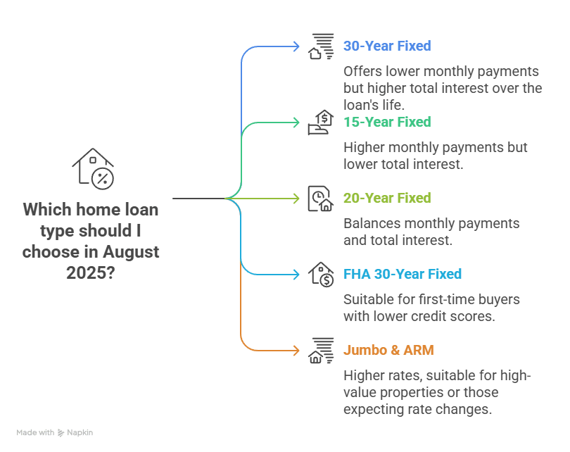 An infographic asking "Which home loan type should I choose in August 2025?" and providing five options: 30-Year Fixed, 15-Year Fixed, 20-Year Fixed, FHA 30-Year Fixed, and Jumbo & ARM, each with a brief description.