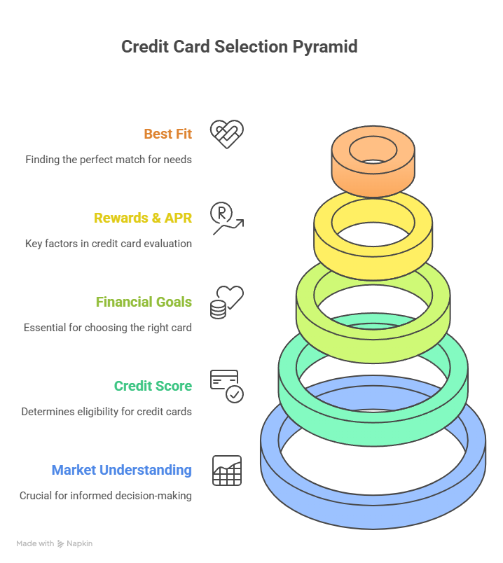 A five-layer pyramid titled "Credit Card Selection Pyramid." From base to top, the layers represent: Market Understanding, Credit Score, Financial Goals, Rewards & APR, and Best Fit.