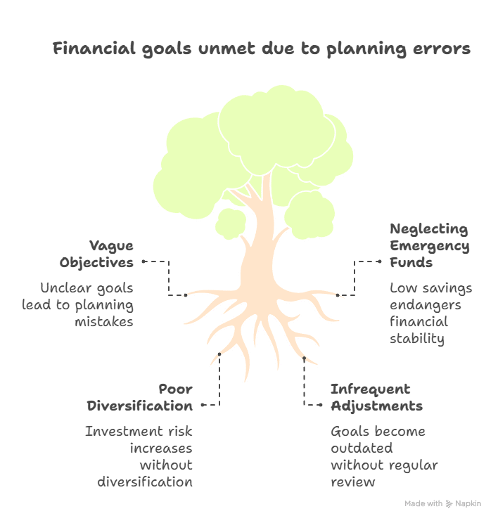 An infographic illustrates four financial planning errors as the roots of a tree, including vague objectives, neglecting emergency funds, poor diversification, and infrequent adjustments.