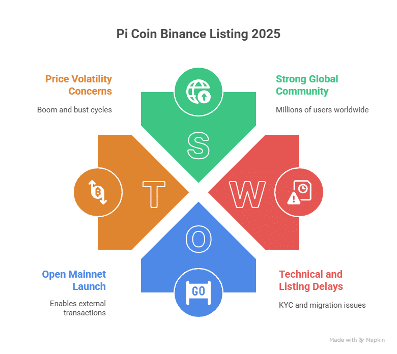  An infographic illustrating the SWOT analysis for the Pi Coin, with sections for strengths, weaknesses, opportunities, and threats.