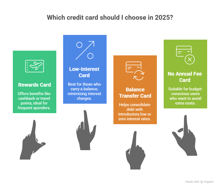 
Alt Text (Short)
A chart titled "Which credit card should I choose in 2025?" showing four options: Rewards Card (for cashback/travel), Low-Interest Card (for carrying a balance), Balance Transfer Card (for debt consolidation), and No Annual Fee Card (for budget-conscious users).