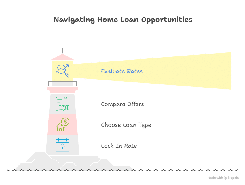 An infographic titled "Navigating Home Loan Opportunities" using a lighthouse to illustrate four steps: Evaluate Rates, Compare Offers, Choose Loan Type, and Lock In Rate.