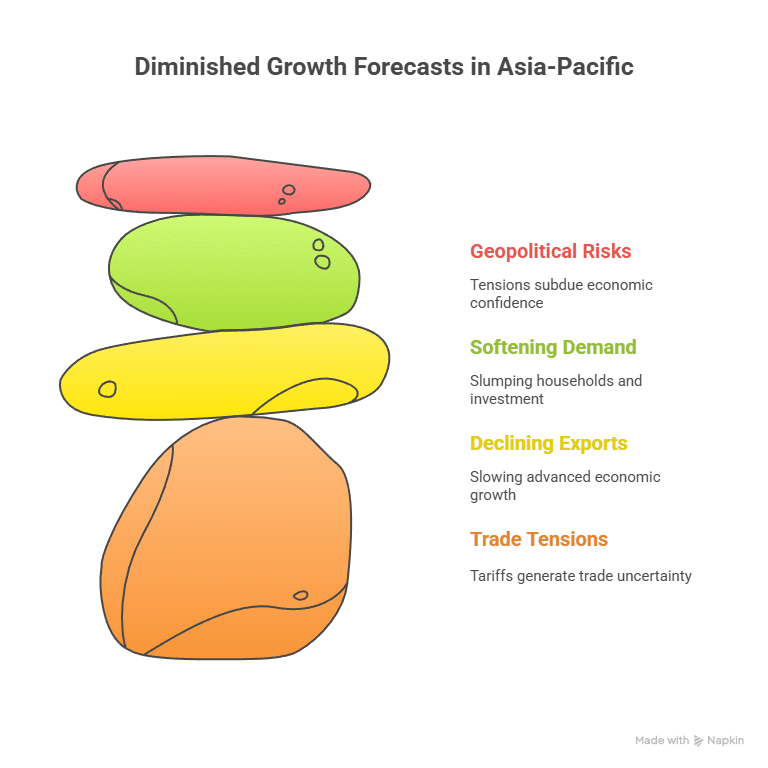 Infographic titled "Diminished Growth Forecasts in Asia-Pacific," listing four risks: Geopolitical Risks, Softening Demand, Declining Exports, and Trade Tensions.
