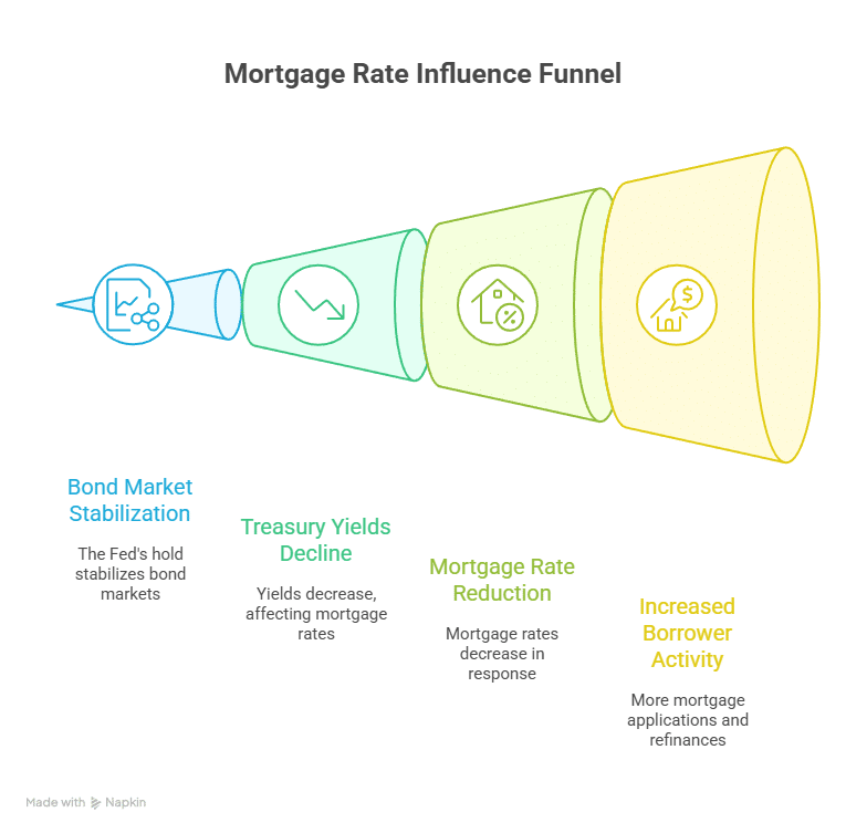 An infographic titled "Mortgage Rate Influence Funnel" showing a four-stage process: Bond Market Stabilization, which leads to Treasury Yields Decline, then to Mortgage Rate Reduction, and finally to Increased Borrower Activity.