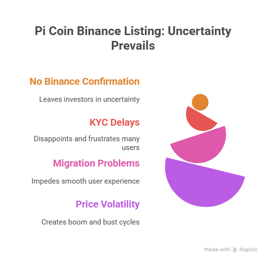 An infographic illustrating the reasons for uncertainty regarding a Pi Coin listing on Binance. A stack of four colored semicircles represents a foundation with each layer labeled with a challenge: 'No Binance Confirmation,' 'KYC Delays,' 'Migration Problems,' and 'Price Volatility.'