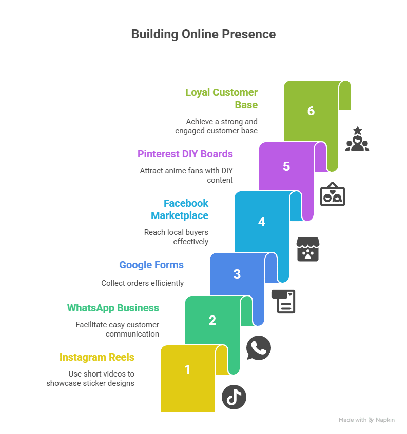 A 3D-style staircase diagram titled "Building Online Presence." Each step represents a different platform or strategy for creating an online presence without a website.