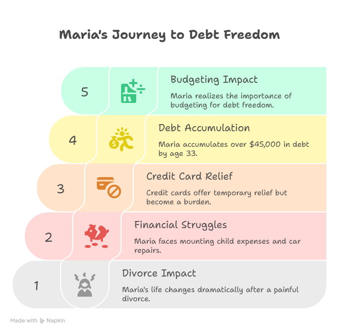  Text: An infographic titled "Maria's Journey to Debt Freedom" depicts five chronological steps: 1) Divorce Impact, 2) Financial Struggles, 3) Credit Card Relief, 4) Debt Accumulation ($45,000 by age 33), and 5) Budgeting Impact, each with a brief description and an icon.