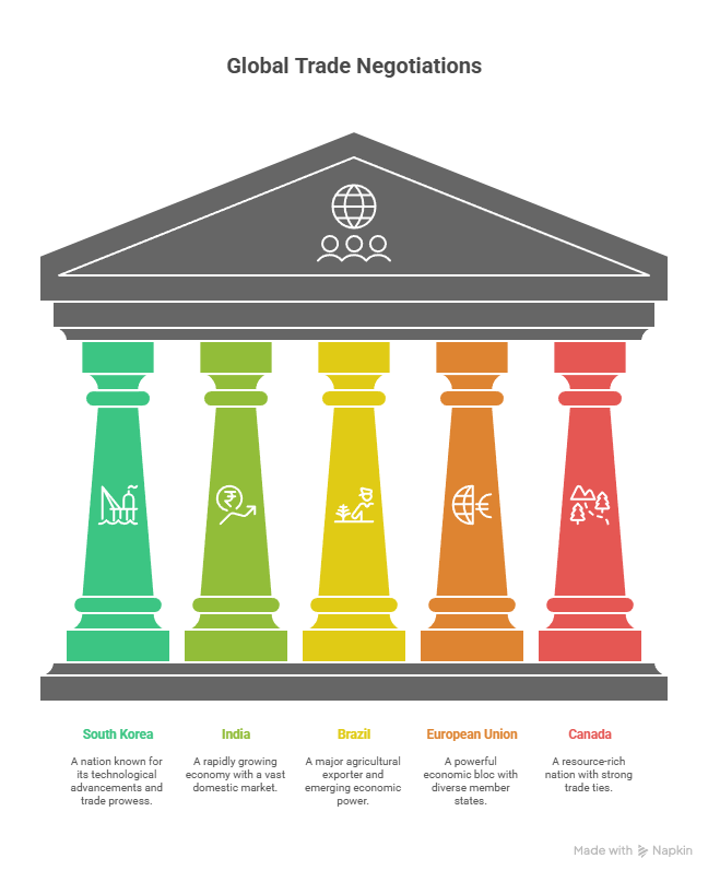Illustration of global trade negotiations featuring five pillar-style columns labeled South Korea, India, Brazil, European Union, and Canada, each representing a major player still engaged in trade discussions.

