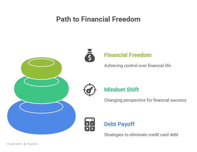 A pyramid diagram with three tiers, titled "Path to Financial Freedom." The bottom tier, in blue, is labeled Debt Payoff, with the description "Strategies to eliminate credit card debt." The middle tier, in green, is labeled Mindset Shift, with the description "Changing perspective for financial success." The top tier, in light green, is labeled Financial Freedom, with the description "Achieving control over financial life."