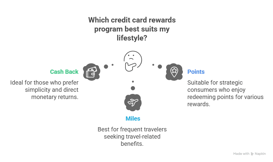  A diagram titled "Which credit card rewards program best suits my lifestyle?" showing a thinking head with three thought bubbles below it. The first bubble is for "Cash Back" and says it's "Ideal for those who prefer simplicity and direct monetary returns." The second bubble is for "Points" and says it's "Suitable for strategic consumers who enjoy redeeming points for various rewards." The third bubble is for "Miles" and says it's "Best for frequent travelers seeking travel-related benefits."