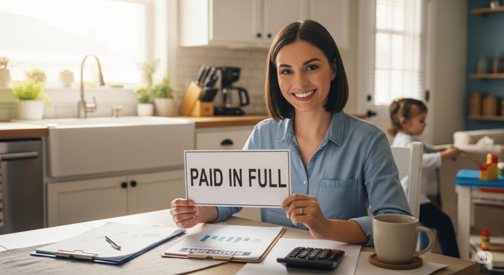 A confident single mom in her 30s smiles, holding a "Paid in Full" sign at a kitchen table with budget sheets and a calculator in a sunlit Texas home, with a child playing nearby, signifying financial freedom.
