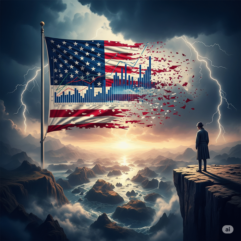 A surreal image of a crumbling American flag transforming into a debt graph under a stormy, lightning-filled sky, with a figure on a cliff overlooking a turbulent economic landscape.