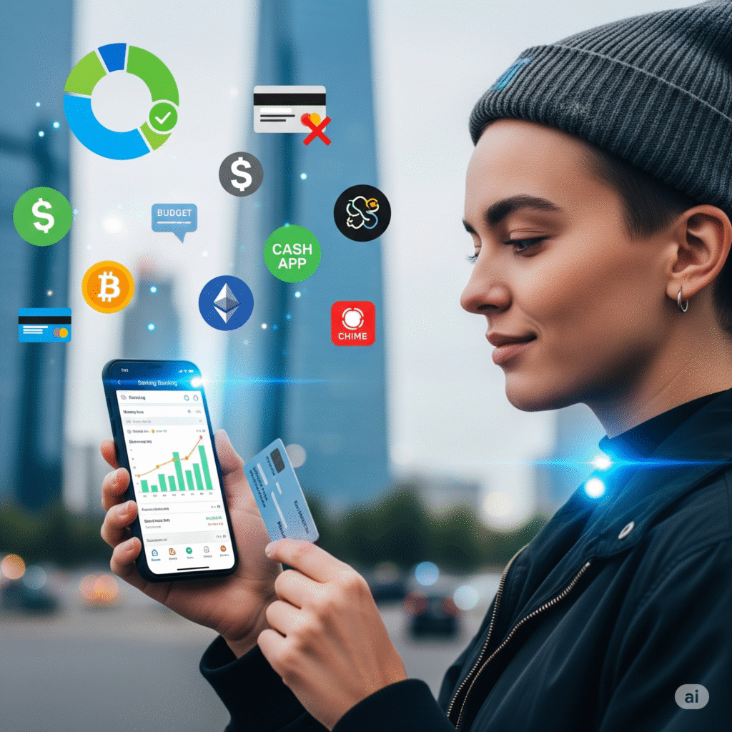 A digitally-savvy Gen Z individual holds a debit card and a smartphone displaying a mobile banking app with a savings graph. Financial icons like a pie chart, a crossed-out credit card, and fintech app logos (Cash App, Chime) float around them in a modern urban setting.