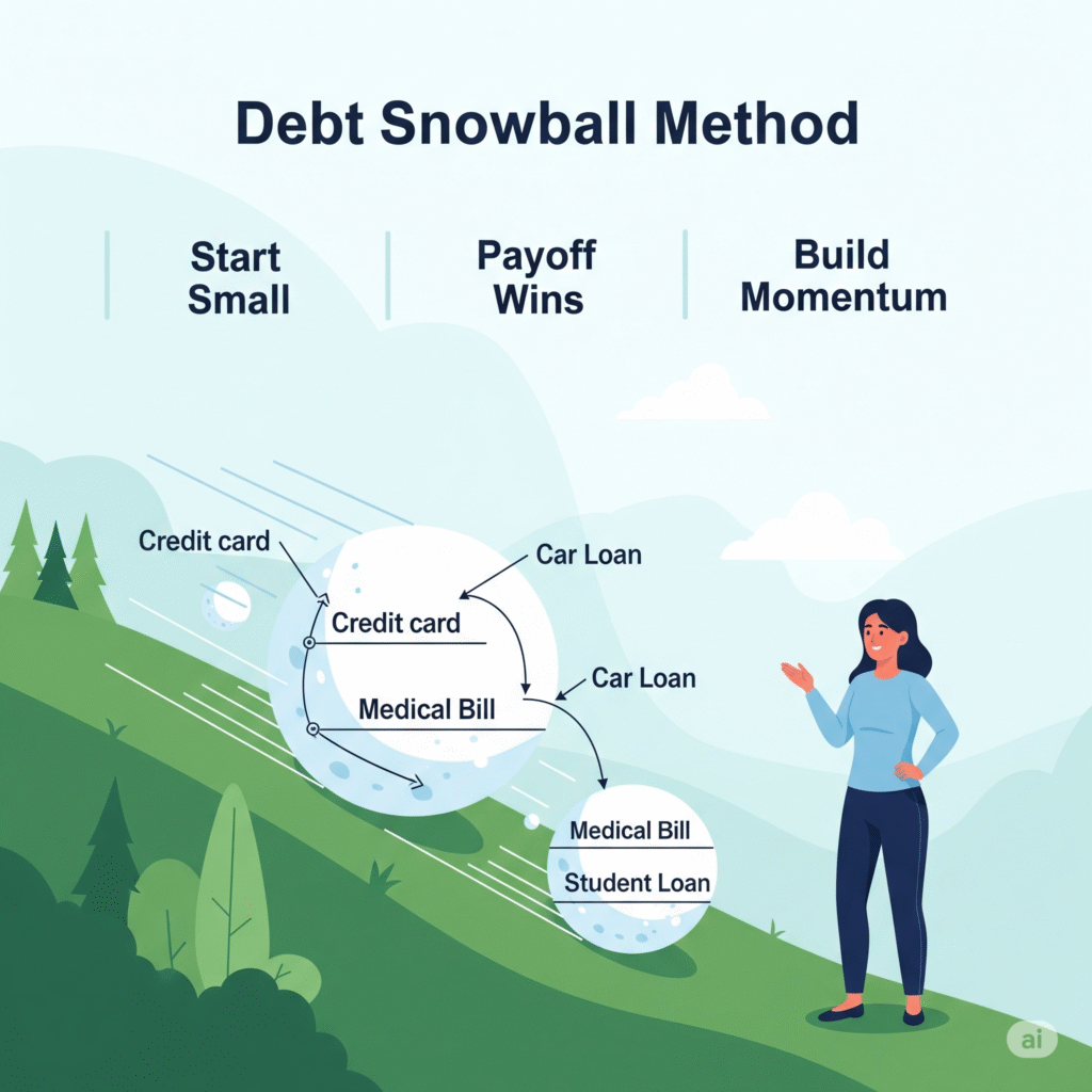 An illustration depicts the Debt Snowball Method with a snowball rolling down a green hill, growing as it accumulates "Credit card," "Car Loan," "Medical Bill," and "Student Loan" debts, while a confident single mom observes, with stages labeled "Start Small," "Payoff Wins," and "Build Momentum."