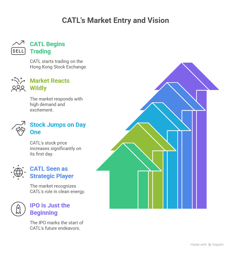 A visual flow diagram titled "CATL's Market Entry and Vision" showing five key stages of CATL's IPO in 2025, each represented by an icon and text, leading to a series of progressively larger upward-pointing arrows on the right.