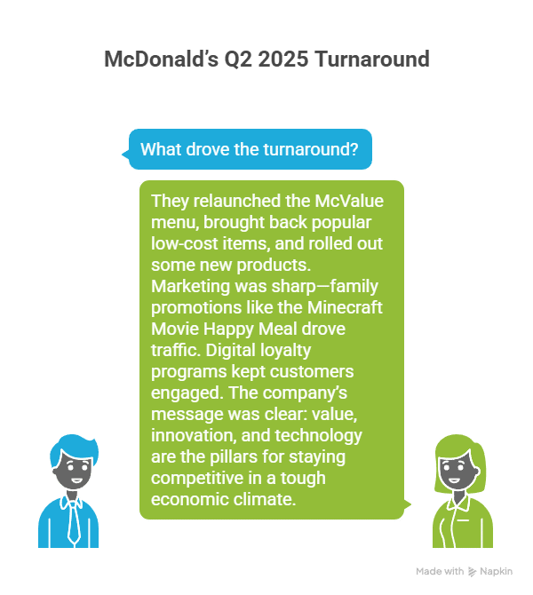  Infographic: McDonald's Q2 2025 Turnaround strategies discussed by two figures in speech bubbles. Key drivers included value menu relaunch, low-cost items, new products, sharp marketing (e.g., Minecraft Happy Meal), and digital loyalty programs emphasizing value, innovation, and technology.