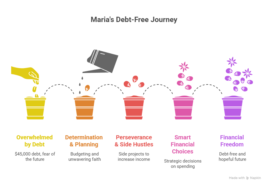 An infographic shows Maria's five-step debt-free journey, visually progressing from overwhelming debt to financial freedom, with each step represented by a plant growing in a pot.