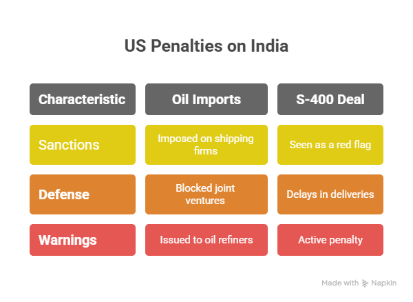  A table titled "US Penalties on India." The table has three columns: "Characteristic," "Oil Imports," and "S-400 Deal." The rows are "Sanctions," "Defense," and "Warnings." Under the "Sanctions" row, the "Oil Imports" cell states "Imposed on shipping firms," and the "S-400 Deal" cell states "Seen as a red flag." Under the "Defense" row, the "Oil Imports" cell states "Blocked joint ventures," and the "S-400 Deal" cell states "Delays in deliveries." Under the "Warnings" row, the "Oil Imports" cell states "Issued to oil refiners," and the "S-400 Deal" cell states "Active penalty."
