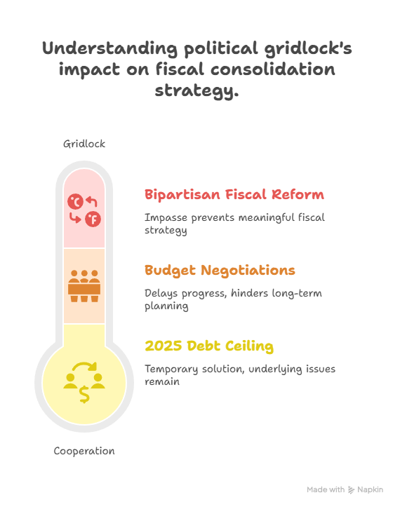  A thermometer-like graphic illustrating political gridlock at the top and cooperation at the bottom, with sections detailing "Bipartisan Fiscal Reform," "Budget Negotiations," and "2025 Debt Ceiling."