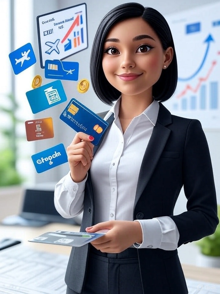 Illustration of a person managing multiple credit cards surrounded by cashback, travel, and reward icons — representing a smart credit cards rewards strategy in 2025.