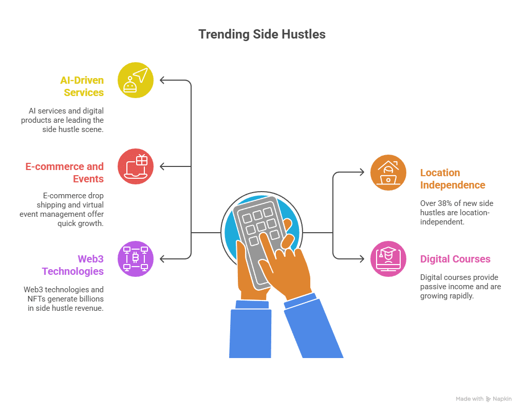 An infographic showing five trending side hustles branching out from a central image of hands holding a smartphone. The side hustles are AI-Driven Services, E-commerce and Events, Web3 Technologies, Location Independence, and Digital Courses.