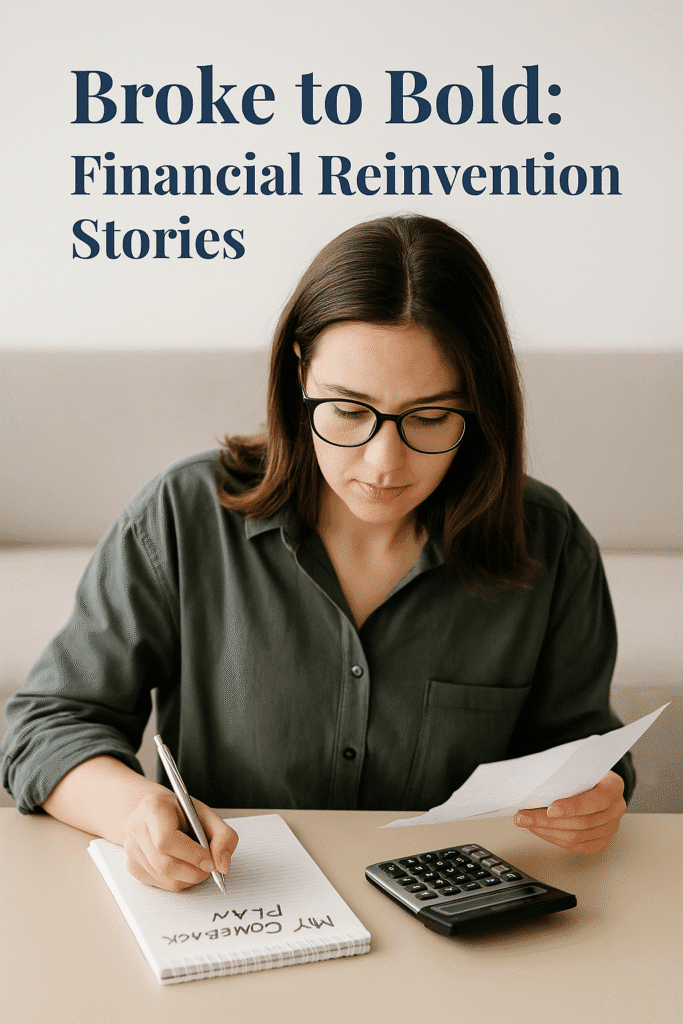 “Woman planning financial reinvention at a table with a notepad labeled ‘My Comeback Plan’ and a calculator.”
