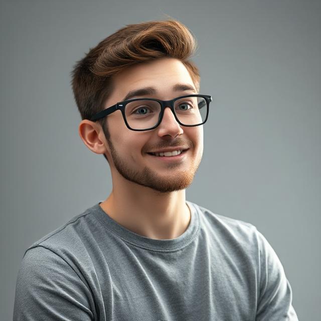 A smiling young man with brown hair, wearing black-framed glasses and a grey t-shirt, looking slightly to the right. This is an AI-generated image.