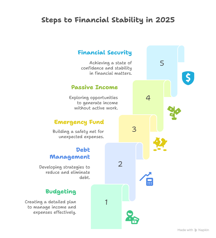 What's On Americans' Minds for 2025? Getting Their Money Right. | PennyPowerPlay "A diagram titled 'Steps to Financial Stability in 2025' illustrating five steps. Step 1: Budgeting, with an icon of a person at a desk. Step 2: Debt Management, with an icon of a calculator and upward arrow. Step 3: Emergency Fund, with an icon of a piggy bank. Step 4: Passive Income, with an icon of money bags. Step 5: Financial Security, with an icon of a shield and dollar sign."