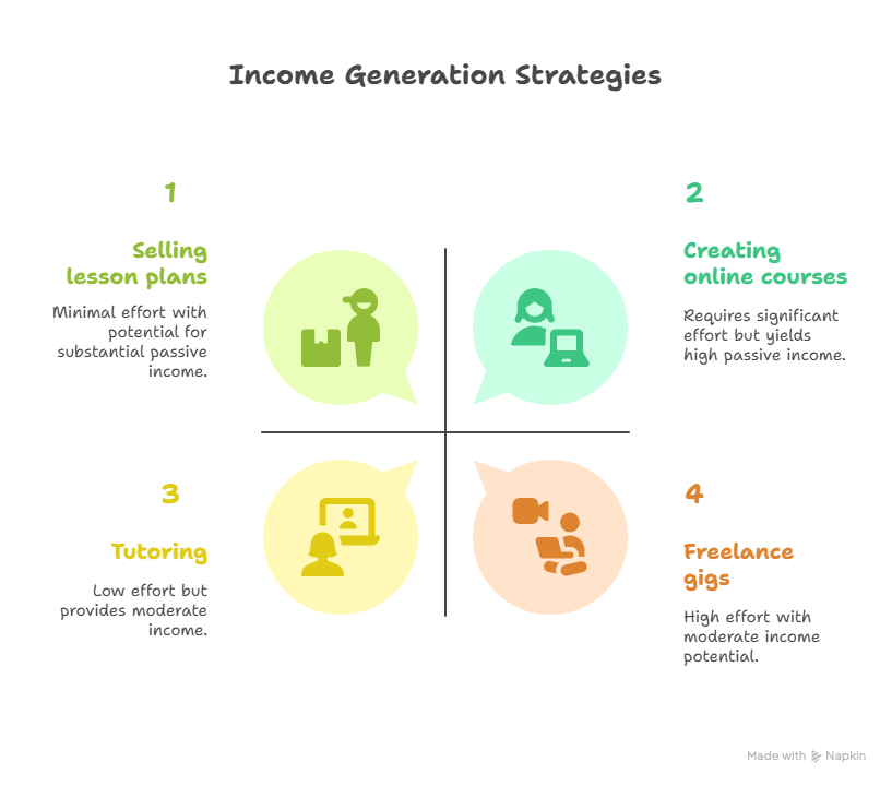 A 2x2 matrix from Napkin.ai titled "Income Generation Strategies," detailing four types of side hustles: selling lesson plans, online courses, tutoring, and freelance gigs, with notes on their effort and income potential.