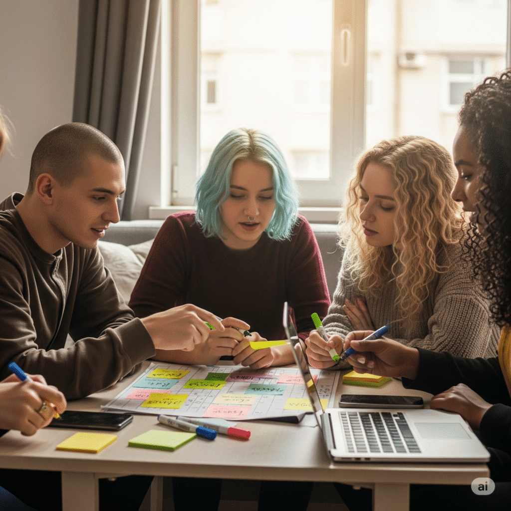 Three young adults discussing weekly budget planning, representing Gen Z applying the $100 Rule Budgeting Trend 2025 to improve financial habits.