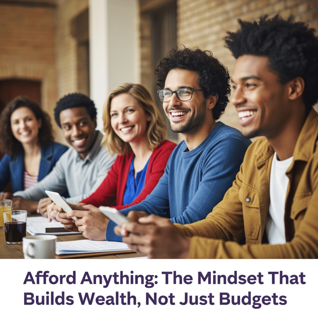 Afford Anything philosophy illustration featuring woman, finance icons, and Paula Pant’s message about wealth and freedom